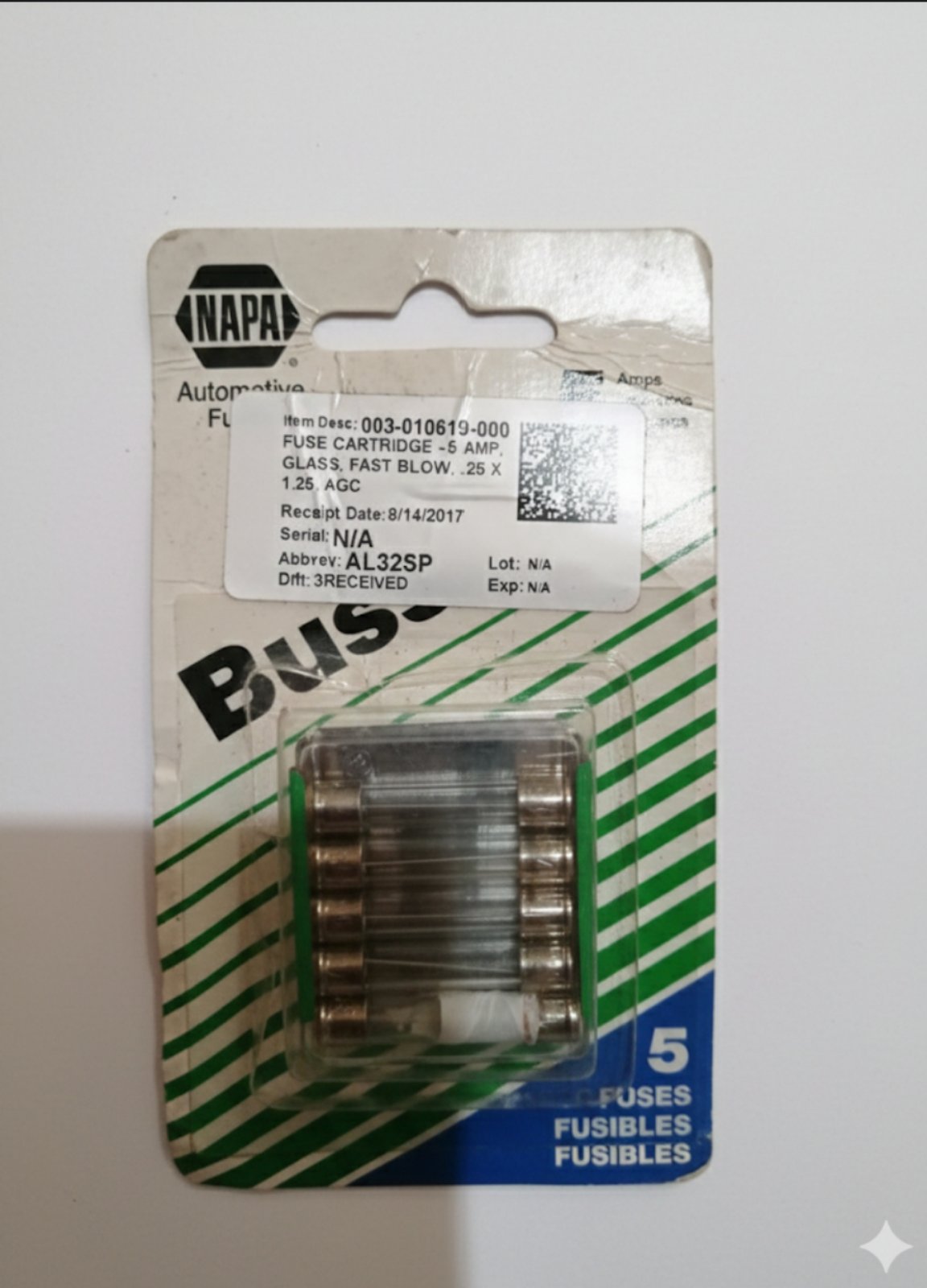 FUSE CARTRIDGE - 5 AMP, GLASS, FAST BLOW, .25 X 1.25, AGC